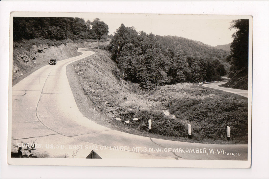 WV, MACOMBER - US 50, Curves east of Laurel Mt, old car RPPC - B06059