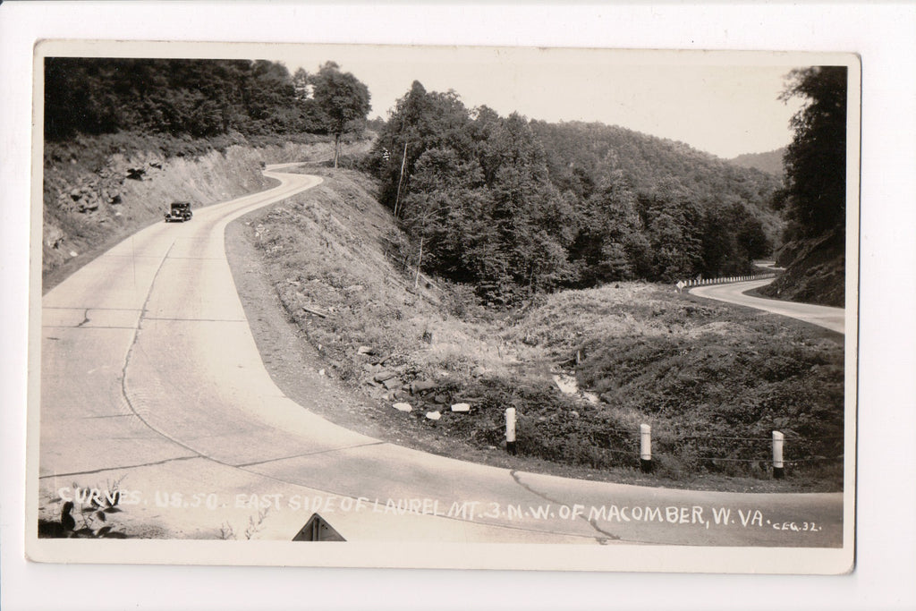 WV, Macomber - US 50,Curves east of Laurel Mt, old car RPPC - B06059