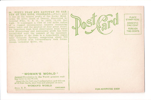 Co, Pikes Peak - with stats and WOMANS WORLD Advertisement - C-0190