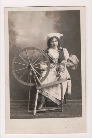 People - Young lady, long hair, at spinning wheel - RPPC - BP0051