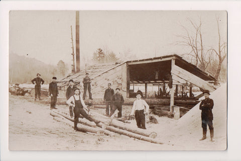 People - Lumber men near saw mill, 2 handled saw - RPPC - BP0068