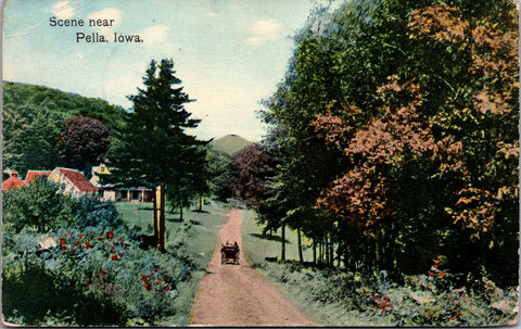 IA, Pella - buildings, road, horse and buggy - 1913 postcard - CP0571