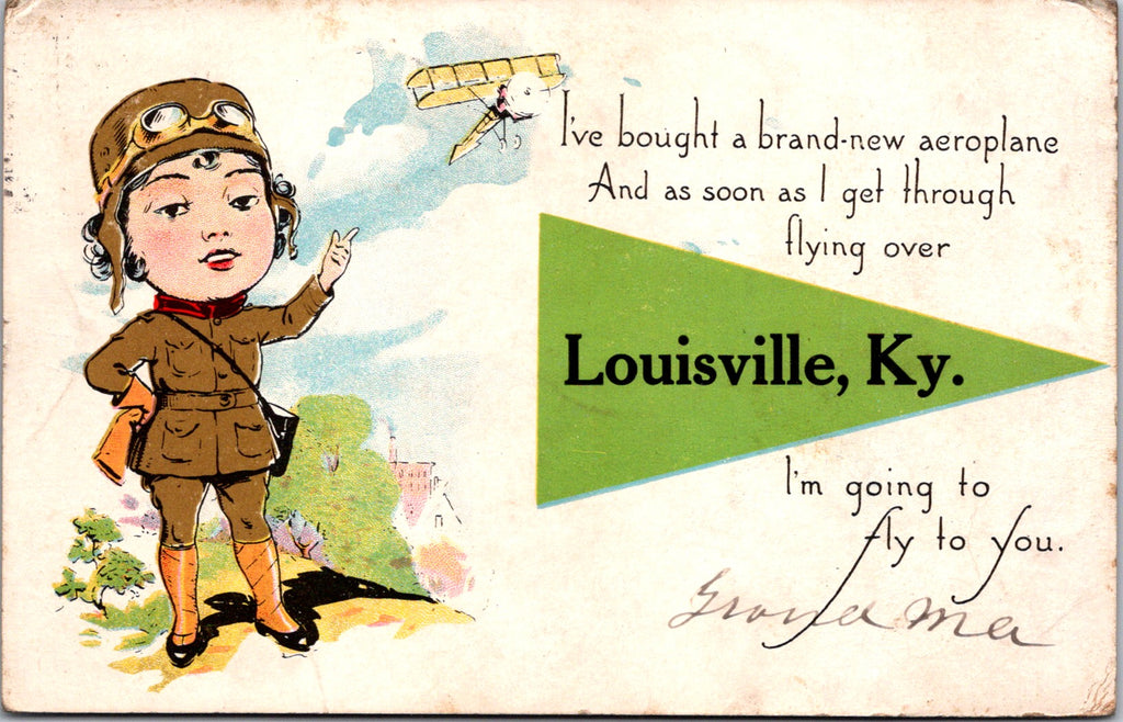 KY, Louisville - banner or flag postcard with female aeroplane pilot - D18047