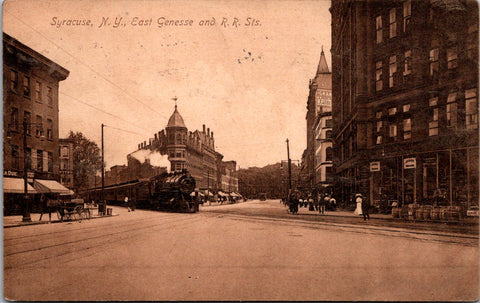 NY, SYRACUSE - East Genesse and RR Sts, train, signs postcard - MB0039