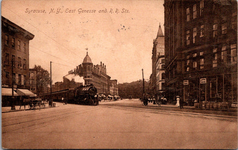 NY, Syracuse - East Genesse and RR Sts, train, signs postcard - MB0039