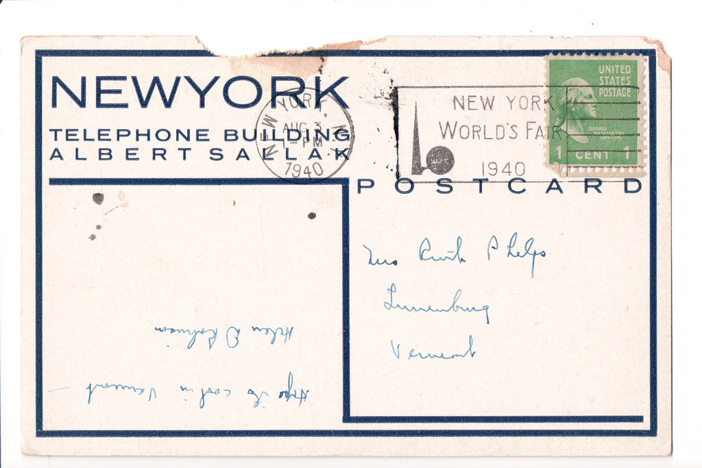 pm SLO - NEW YORK WORLDS - NY - 1940 Slogan or Logo cancel - boA06832