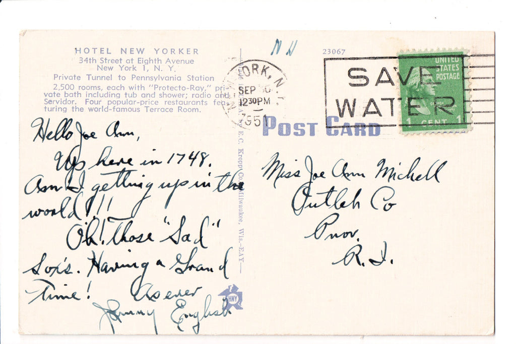 pm SLO - SAVE WATER - NY 1951 Slogan or Logo cancel - A17185