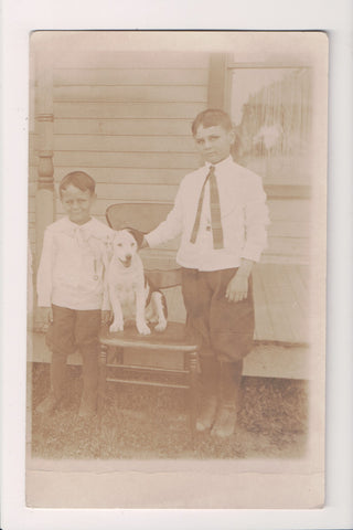 People - Boys posing with dog on chair - RPPC - R00572