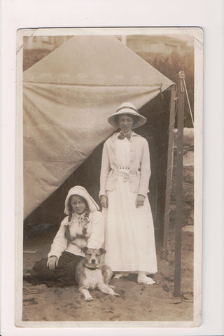 People - Lady, young girl, long braids, dog in Tent Opening - RPPC - R00639