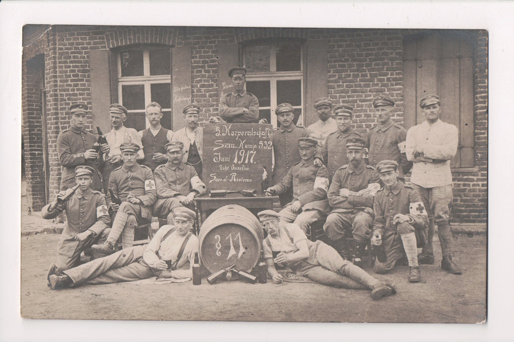 Misc - Military Men in uniform - red cross arm bands, beer @1917 RPPC - S01115