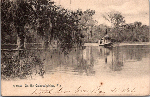 FL, Caloosahatchee - River scene and boat - Rotograph postcard - SL2802