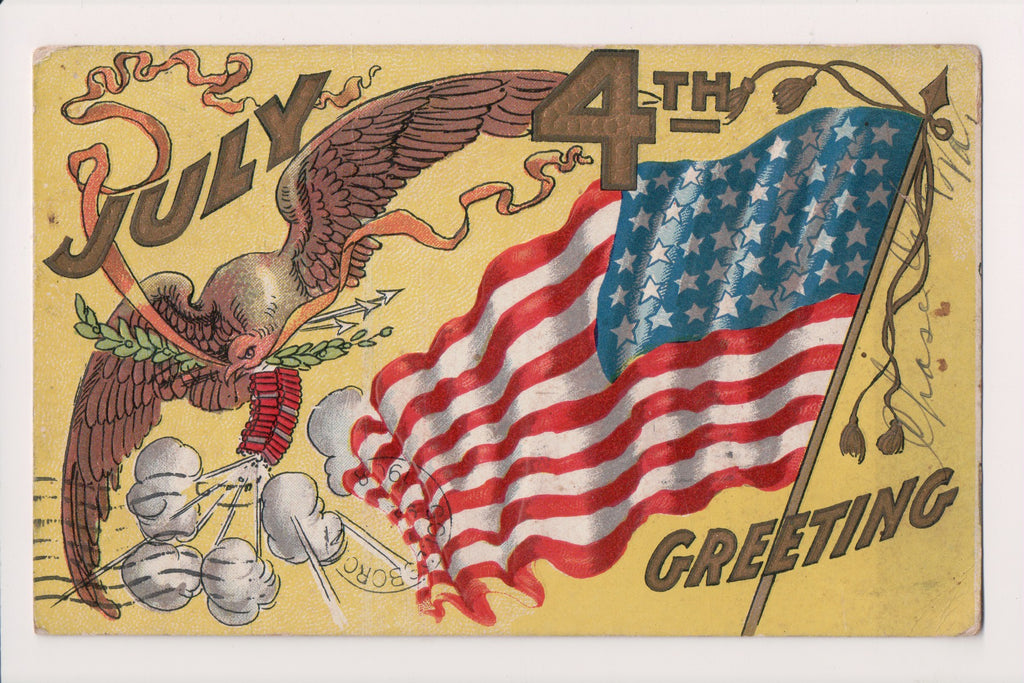 4th of July - July 4th Greeting - Eagle, flag, fireworks postcard - SL2810