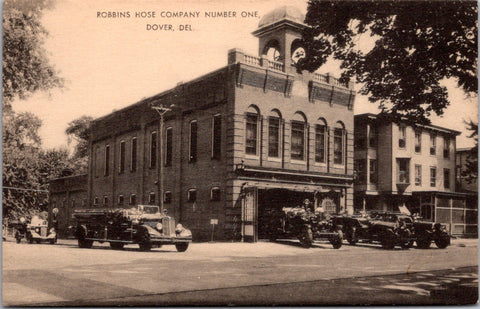 DE, Dover - Robbins Hose Co Number 1, fire trucks, nice old cars postcard - SL28