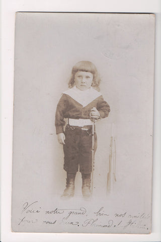 Misc - Military Child in full army uniform, rifle, sword etc - RPPC - w00329