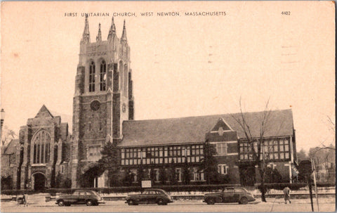 MA, West Newton - First Unitarian Church, cars - 1955 postcard - w01292