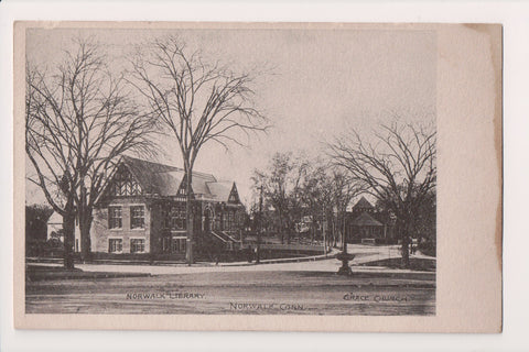 CT, Norwalk - Library, Grace Church in background postcard - w01354