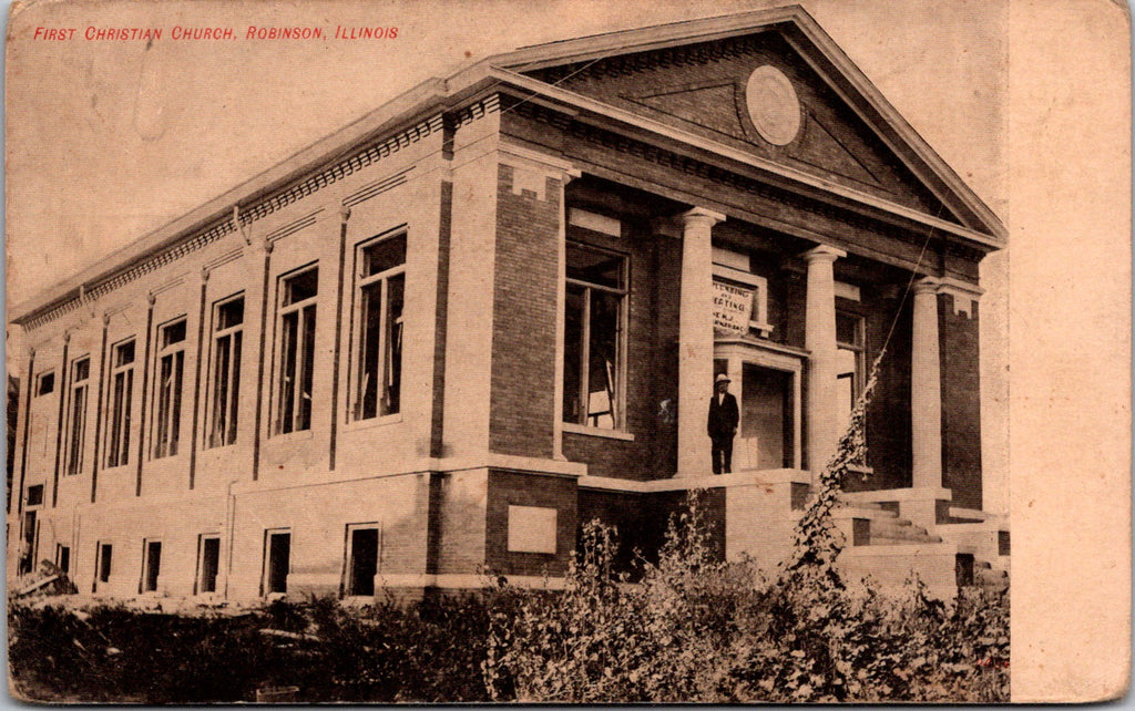 IL, Robinson - First Christian Church, man near steps postcard - w04831