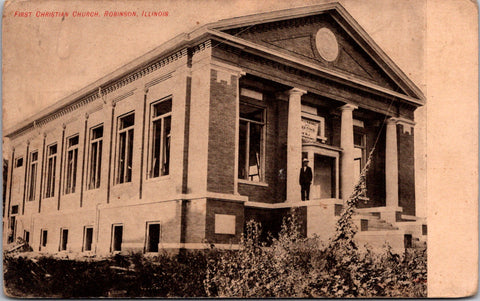 IL, ROBINSON - First Christian Church, man near steps postcard - w04831