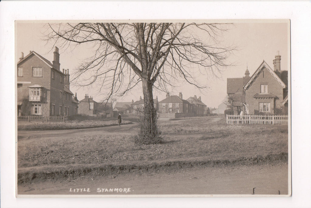 Foreign postcard - Little Stanmore, UK - Man with cane, woman in yard - RPPC - J